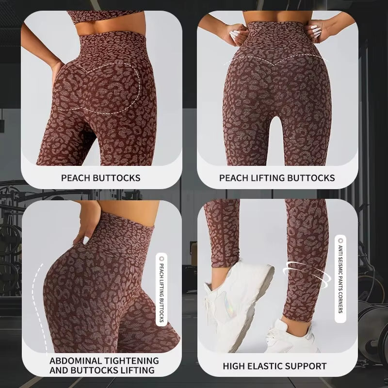 Women'S Seamless Leopard Print Yoga Pants with Hip Lifting and High Waist Fitness Pants with High Elasticity