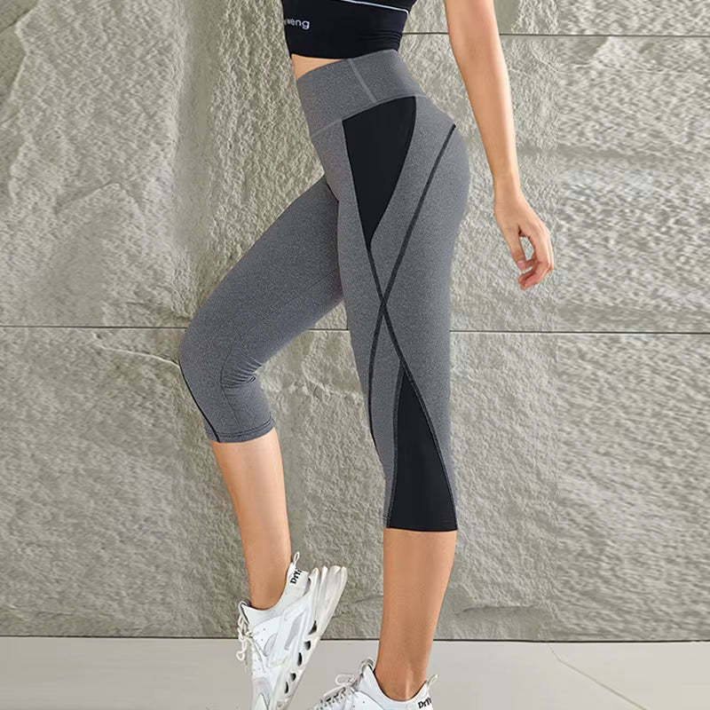 Women'S Color Block Yoga Leggings High Waist Patchwork Calf-Length Running Sports Stretch Tight Pants