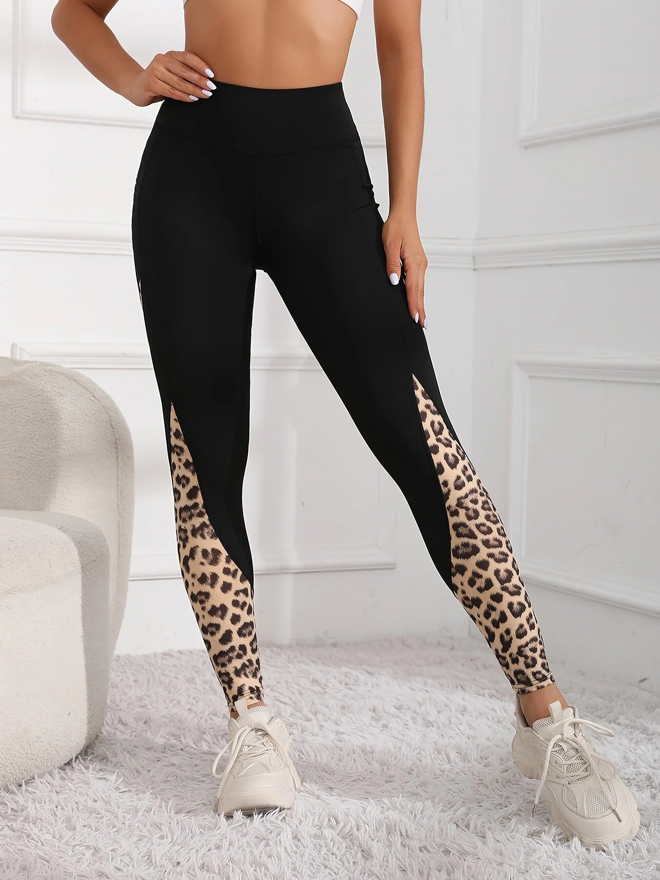 Women's Leopard Print Slim Fit Yoga Pants with Pockets, Stretch Running Fitness Leggings